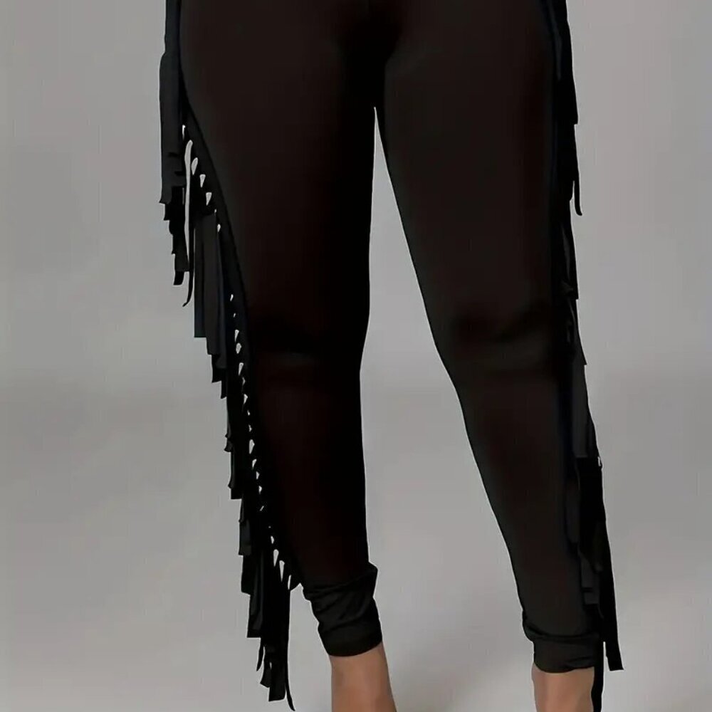 Black High-Waisted Slim-Fit Tassel Pants (Size: XXL) - Picture 5 of 5